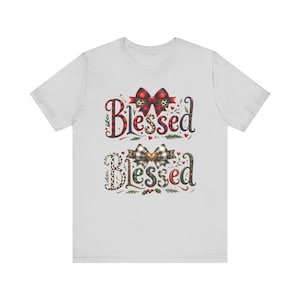 Blessed Typography with Plaid Bows T-Shirt | Holiday Rustic Script