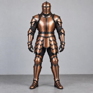 May include: A full suit of armour featuring a hammered copper finish with dark metal accents. The set includes a closed helmet with a vertical visor, shoulder pauldrons, articulated arm guards, a layered tasset skirt, and matching leg greaves.