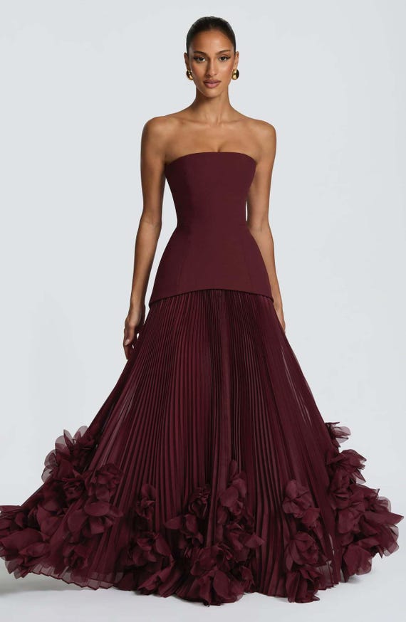 Off shoulder Strapless Pleated Ball Gown, Ruffle Hem, Wedding Guest Evening Dress