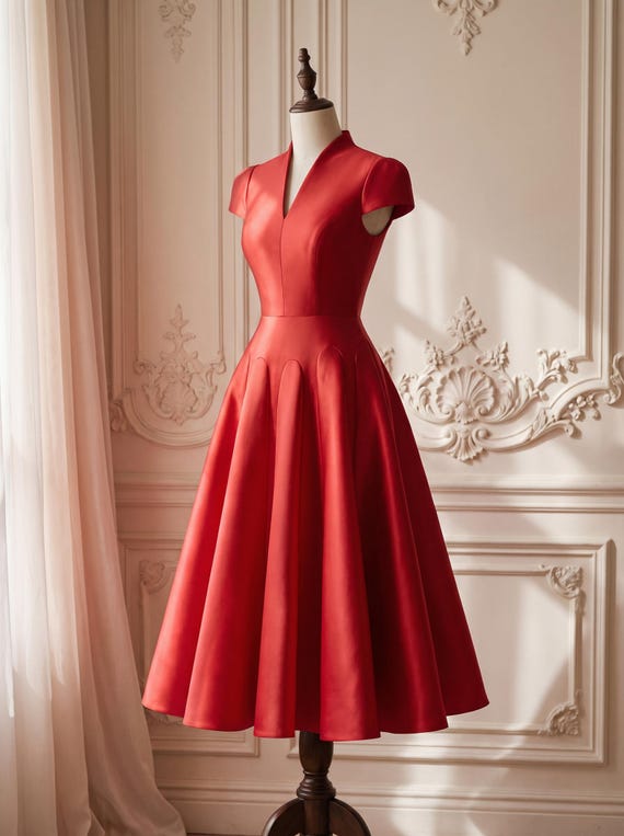 cap sleeve midi dress formal Satin A-Line Dress, V-Neck Wear, Wedding Guest Evening feb-1