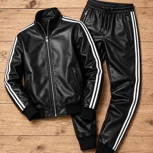 May include: A black faux leather tracksuit set consisting of a zip-up jacket and matching joggers. Both pieces feature two white vertical stripes running down the sleeves and legs, silver-toned zippers, and black ribbed cuffs at the hem.