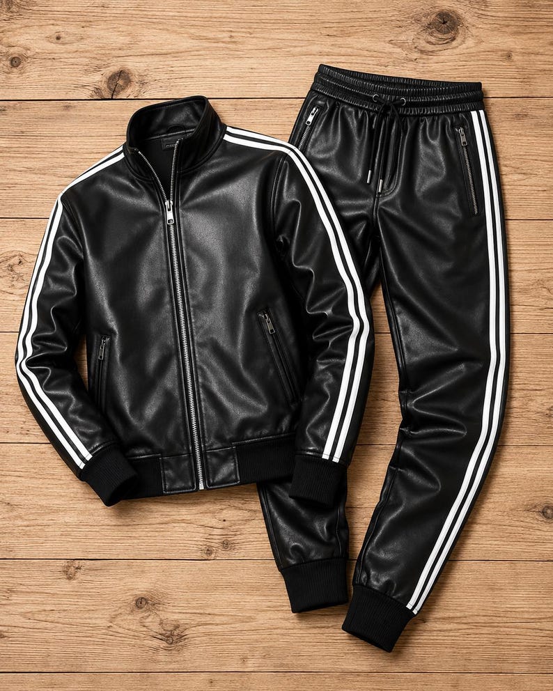 May include: A black faux leather tracksuit set consisting of a zip-up jacket and matching joggers. Both pieces feature two white vertical stripes running down the sleeves and legs, silver-toned zippers, and black ribbed cuffs at the hem.