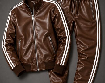 Handmade Men’s Brown Genuine Leather Tracksuit Set Slim Fit Joggers Luxury Streetwear Designer Outfit