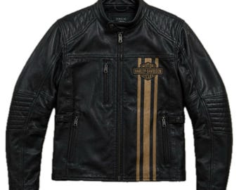 Black Leather Harley-Davidson Riding Jacket Brown Stripes Passing Link