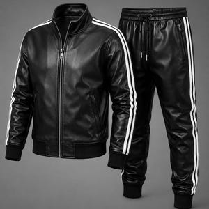 May include: A black faux leather tracksuit consisting of a zip-up jacket with a stand-up collar and matching joggers. Both pieces feature two vertical white stripes running down the sleeves and legs, with black ribbed cuffs and a drawstring waist.