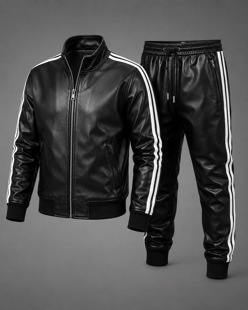 May include: A black faux leather tracksuit consisting of a zip-up jacket with a stand-up collar and matching joggers. Both pieces feature two vertical white stripes running down the sleeves and legs, with black ribbed cuffs and a drawstring waist.