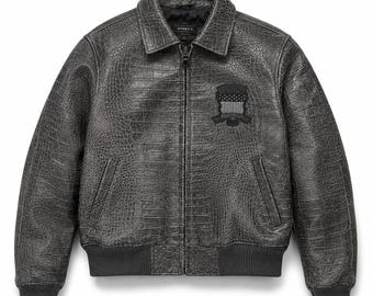 Leather Avirex USA Bomber Jacket Croc Embossed Distressed Cowhide