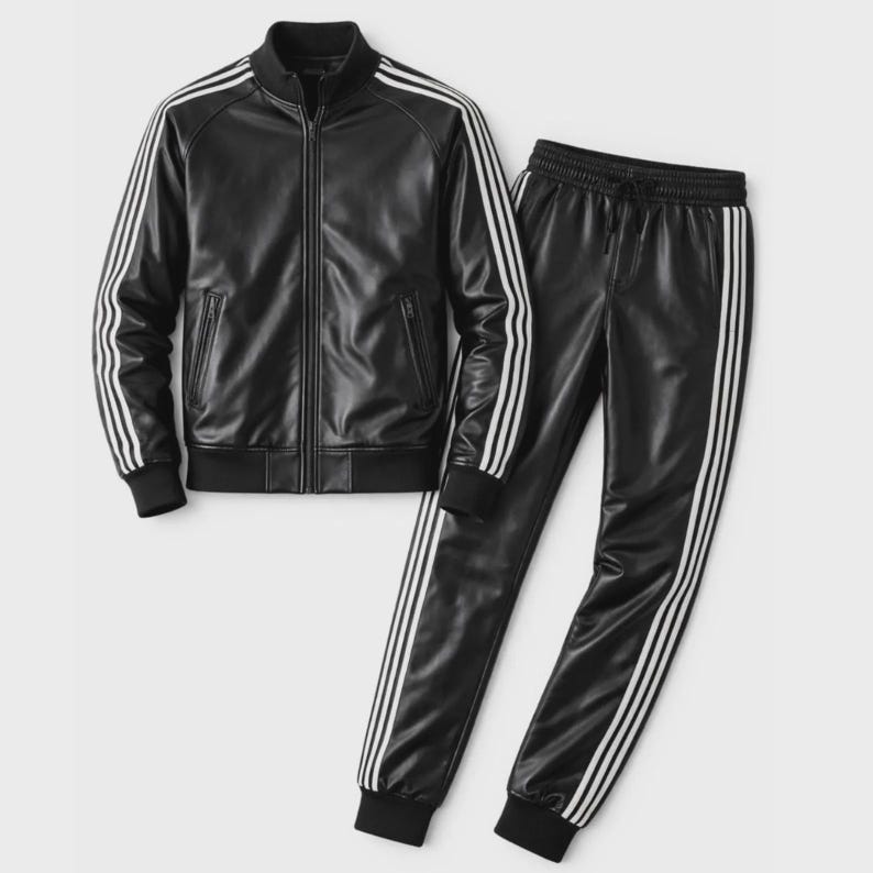 May include: A black faux leather tracksuit consisting of a zip-up jacket and matching joggers. The jacket features a stand-up collar, ribbed cuffs, and three white stripes running down each sleeve. The joggers have an elastic waistband and white stripes.