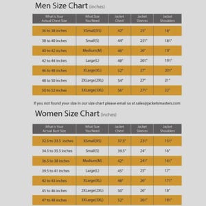 May include: A size chart for jackets featuring two tables labeled Men Size Chart and Women Size Chart with measurements in inches. The tables list chest or bust sizes, corresponding size labels from XS to 3XL, and jacket dimensions for chest, sleeves, and shoulders.