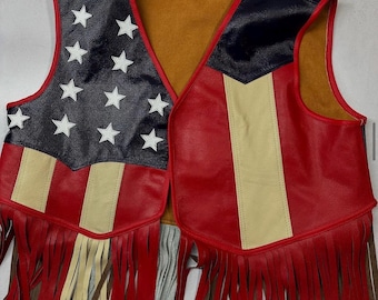 AMERICAN flag leather fringe vest biker vest new handmade
