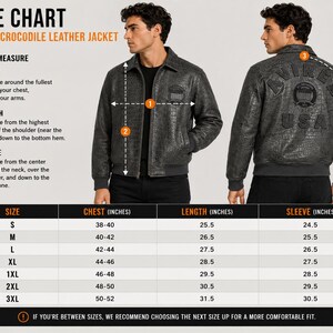 Op de afbeelding: Een maattabel voor een Avirex krokodillenleren jas met voor- en achteraanzichten. De grafiek bevat instructies voor het meten van de borst, lengte en mouw, samen met een tabel met de maten S tot 3XL, weergegeven in inches.