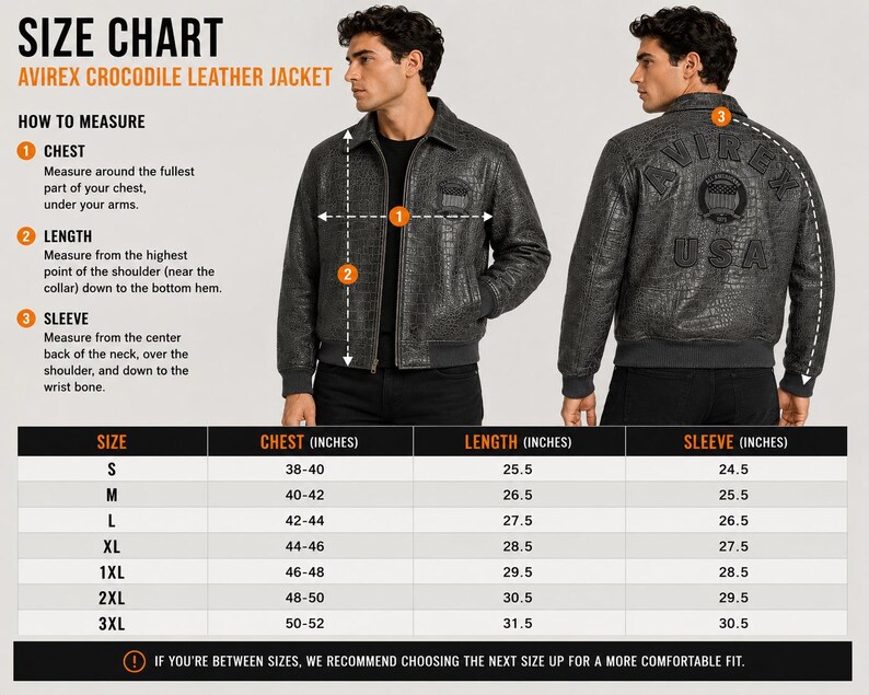 Op de afbeelding: Een maattabel voor een Avirex krokodillenleren jas met voor- en achteraanzichten. De grafiek bevat instructies voor het meten van de borst, lengte en mouw, samen met een tabel met de maten S tot 3XL, weergegeven in inches.