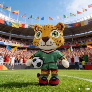 Könnte beinhalten: Ein Plüsch-Leoparden-Maskottchen, das ein grünes Fußballtrikot mit der Nummer 18 und passende Shorts trägt und einen schwarz-weißen Fußball hält. Der Leopard hat gelbes Fell mit schwarzen Flecken, große grüne Augen und trägt rot-schwarze Schuhe.