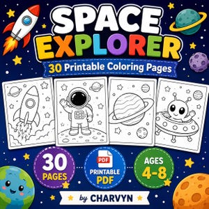 Puede incluir: Una colección digital de 30 páginas para colorear imprimibles titulada SPACE EXPLORER, con dibujos de líneas en blanco y negro de un cohete, un astronauta, un planeta y un alienígena en una nave espacial sobre un fondo azul oscuro.