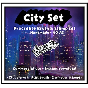 Puede incluir: Un gráfico digital que muestra un horizonte urbano morado y azul de noche con el texto City Set, Procreate Brush & Stamp set, Handmade - NO AI, digiprintlabs, Commercial use - Instant download, Cloud brush, Flat brush, 2 window stamps.