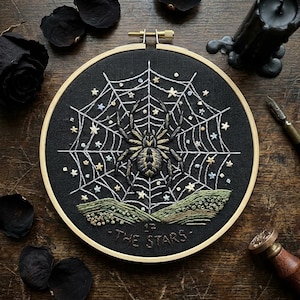 Può includere: Un telaio da ricamo circolare contenente tessuto nero con un disegno cucito a mano di un ragno centrato su una ragnatela. La ragnatela è circondata da piccole stelle ricamate in bianco e blu. Sotto la ragnatela c'è un terreno verde con il testo THE STARS.