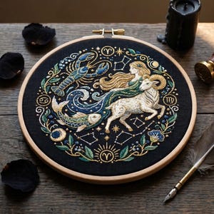 Könnte beinhalten: Ein runder Stickrahmen mit schwarzem Stoffhintergrund und detaillierten Stickereien, die einen Hummer, einen Fisch, einen Widder und eine weibliche Figur zeigen. Das Design enthält goldene Tierkreiszeichen, Sternbilder sowie blaue und grüne florale Akzente.