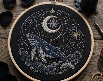 Celestial Whale Embroidery Kit Midnight Ocean Starry Sky Craft Beginner Astrology Wall Art Gift