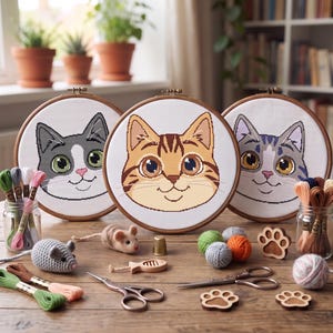 May include: Three circular wooden embroidery hoops containing cross-stitch patterns of cat faces in gray, orange, and tabby designs. The set includes embroidery floss in glass jars, small crochet mice, metal scissors, a thimble, and paw-shaped wood pieces.
