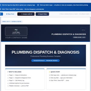 May include: A digital plumbing dispatch and diagnosis business template featuring a dark blue header with white text. The form includes sections for company logo upload, professional plumbing business details, and a quick start guide for users.