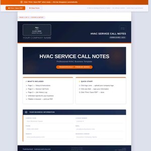 May include: A digital HVAC service call notes business template featuring a dark blue and orange color scheme. The document includes sections for company name, license number, phone, email, website, and insurance carrier, with clear instructions.