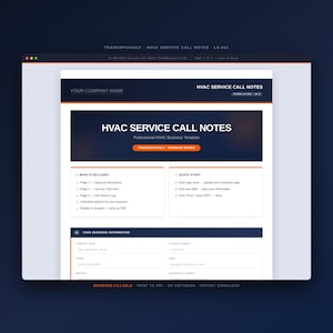 May include: A digital HVAC service call notes business template displayed on a screen. The document features a dark blue header with white text, including sections for company name, service call notes, what's included, quick start, and business information fields.