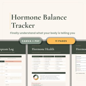 Può includere: Un set di documenti digitali Hormone Balance Tracker composto da 11 pagine in formato Canva e PDF. Il layout include un registro dei sintomi, una guida nutrizionale per la salute ormonale con liste di alimenti e tabelle di riferimento.