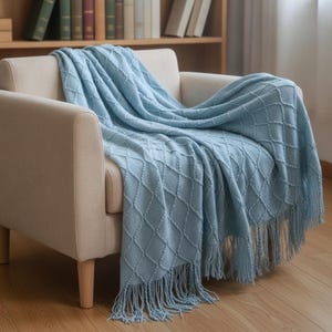 Knit Throw Blanket | Lake Blue | Diamond Pattern Fringe | Couch Bed Decor