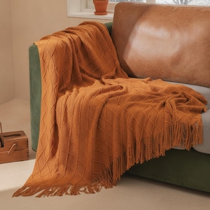 Caramel Knit Throw Blanket | Diamond Pattern Sofa Cover | Cozy Home Decor