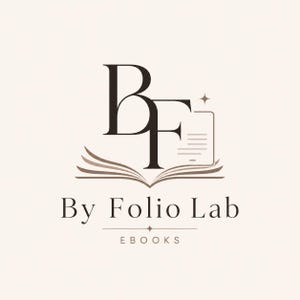 May include: A logo design featuring the large black letters BF centered above an open book illustration in brown. To the right of the F is a small document icon with lines and a star. Below is the text By Folio Lab and the word EBOOKS.
