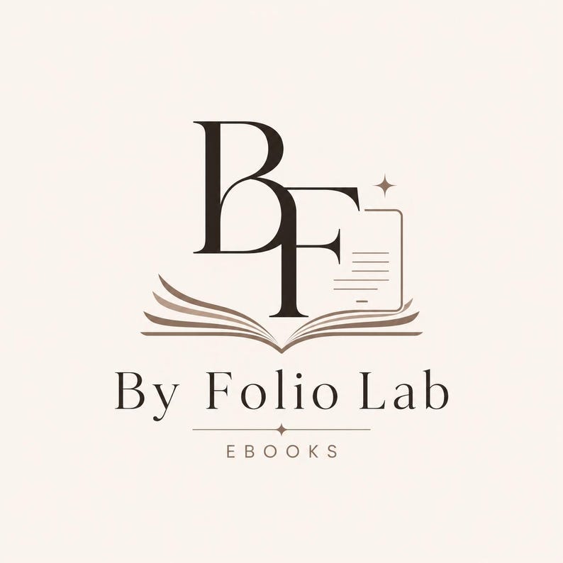 May include: A logo design featuring the large black letters BF centered above an open book illustration in brown. To the right of the F is a small document icon with lines and a star. Below is the text By Folio Lab and the word EBOOKS.