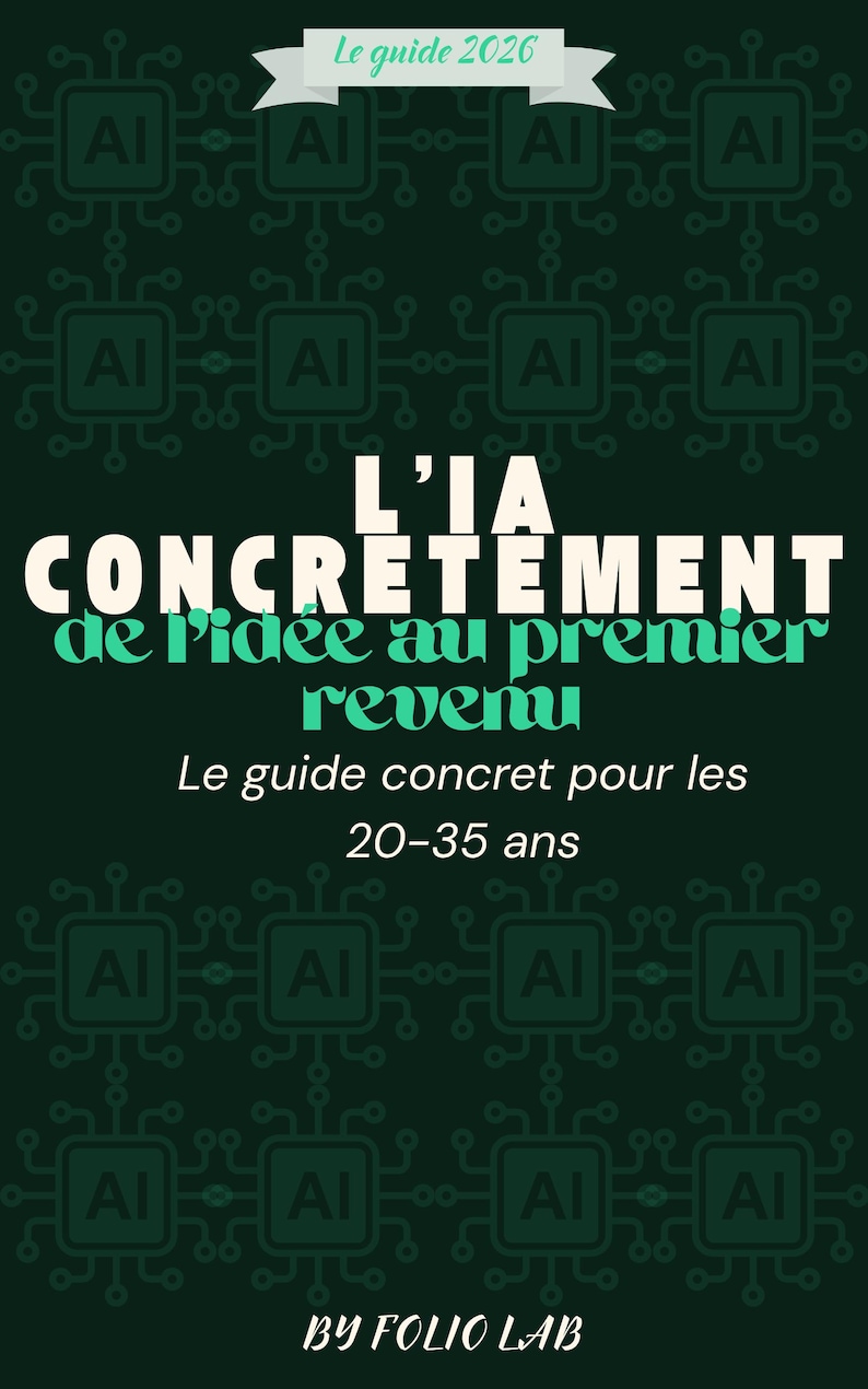 May include: A dark green book cover featuring a repeating pattern of squares with the letters AI. The text reads: Le guide 2026, L'IA CONCR&Egrave;TEMENT de l'id&eacute;e au premier revenu, Le guide concret pour les 20-35 ans, and BY FOLIO LAB at the bottom.