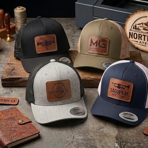 Casquette personnalisée avec patch en cuir gravé au laser.