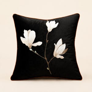 Embroidered Black Velvet Cushion Cover, White Magnolia Oriental Throw Pillow