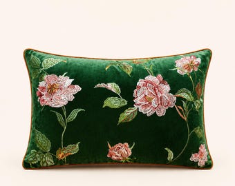 Luxury Emerald Green Velvet Lumbar Pillow Cover, Traditional Rose Embroidery Victorian Home Decor Cushion