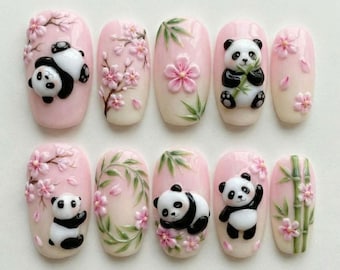 Cute Panda Press On Nails Cherry Blossom Nails Kawaii Panda Bear Fake Nails Bamboo Flower 3D Handmade Nails Custom Nails Glue On Nails