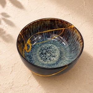 Kintsugi Ceramic Bowl, Blue Wabi Sabi Decorative Bowl, Japanese Style Pottery, Unique Home Decor, Repaired Art Bowl Table Accent Shelf Decor