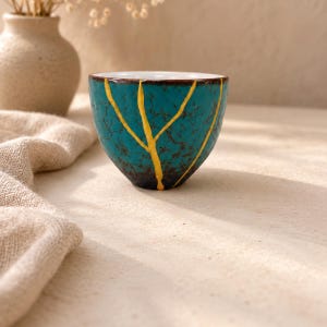 May include: A small, rounded ceramic cup featuring a vibrant teal glaze with a dark, crackled texture. The exterior is decorated with raised, golden-yellow lines that branch out across the surface, creating a distinct, vein-like pattern.