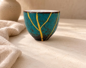 Kintsugi Cup Turquoise Ceramic Tea Cup Japanese Wabi Sabi Pottery Decor Gold Repair Style Cup Unique Home Decor Meaningful Gift for Her