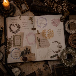 Puede incluir: Un diario abierto con varios sellos decorativos y efímeros de papel. Las páginas muestran diseños de corazones florales, coronas circulares, una ilustración de un castillo y citas manuscritas que incluyen Veritas in Aeterna.