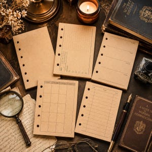 Puede incluir: Cinco hojas rectangulares de papel marrón claro con seis agujeros perforados a lo largo del borde izquierdo. Las hojas presentan varios diseños impresos que incluyen una cuadrícula, líneas horizontales, un planificador semanal y un calendario.