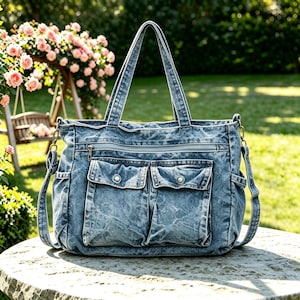Puede incluir: Un bolso tote de mezclilla azul con lavado ácido que presenta dos bolsillos frontales con botones a presión plateados, un compartimento horizontal con cremallera sobre los bolsillos, dos correas largas para el hombro y bolsillos laterales.