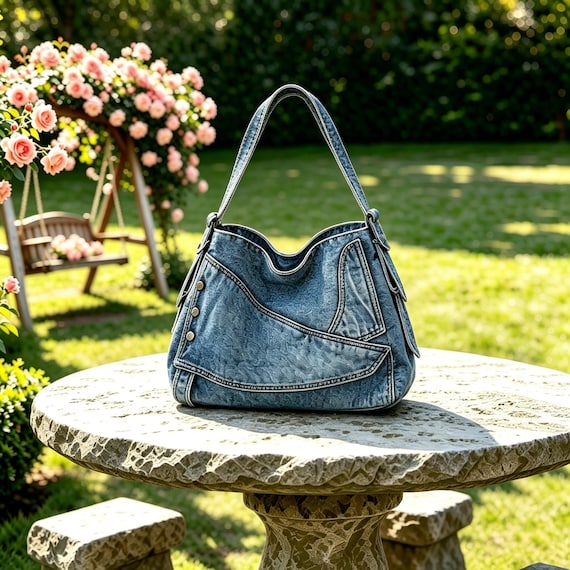 Vintage Washed Denim Tote Bag, Adjustable Strap Large Capacity Casual Crossbody Bag, Vintage Patchwork Denim Hobo Shoulder Bag Gift For Her