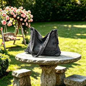 May include: A charcoal gray denim hobo bag featuring a washed-out texture, a slouchy silhouette, dual shoulder straps, and visible stitched paneling details. The bag has a spacious main compartment with a secure top closure and metal hardware accents.