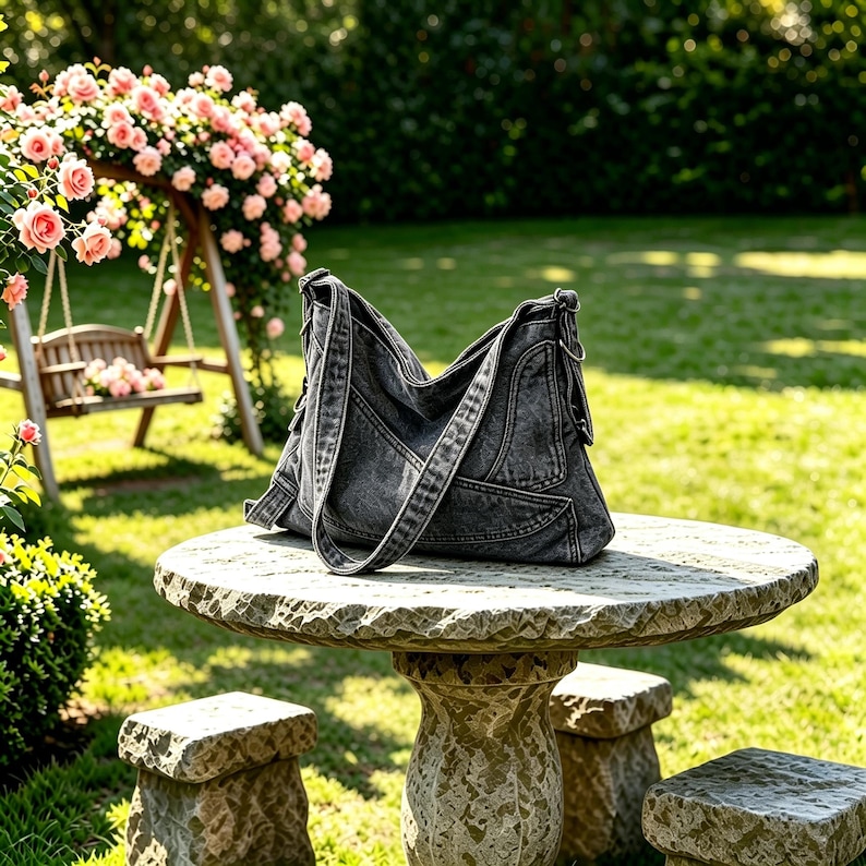 May include: A charcoal gray denim hobo bag featuring a washed-out texture, a slouchy silhouette, dual shoulder straps, and visible stitched paneling details. The bag has a spacious main compartment with a secure top closure and metal hardware accents.