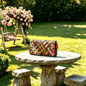 May include: A rectangular wallet featuring a multi-colored woven leather exterior with a diagonal pattern in shades of red, orange, green, blue, and tan. The wallet includes a dark brown leather trim and a red zipper pull on the side.