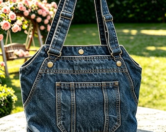 May include: A blue denim tote bag featuring two shoulder straps with adjustable metal sliders, a central exterior pocket with vertical stitching, and three gold-toned metal buttons along the top edge for closure and decorative detail.