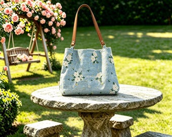 May include: A light blue tote bag featuring an embroidered white floral pattern and two brown leather shoulder straps. The bag has a structured rectangular shape and is positioned upright on a textured stone surface in an outdoor setting.
