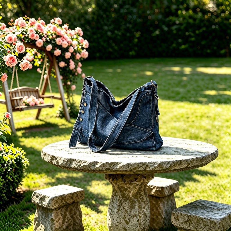 Vintage Washed Denim Tote Bag, Adjustable Strap Large Capacity Casual Crossbody Bag, Vintage Patchwork Denim Hobo Shoulder Bag Gift For Her Dark blue