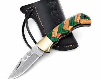 Handcrafted Damascus Steel Outdoor Camping Folding Pocket Knife Everyday Carry Rustic Gift Knife